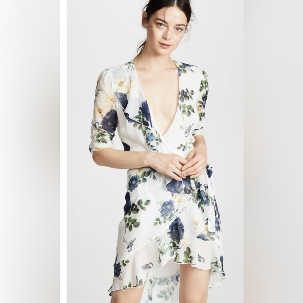 Nicholas White Blue Rose Ruffle Silk Wrap Dress Size 2